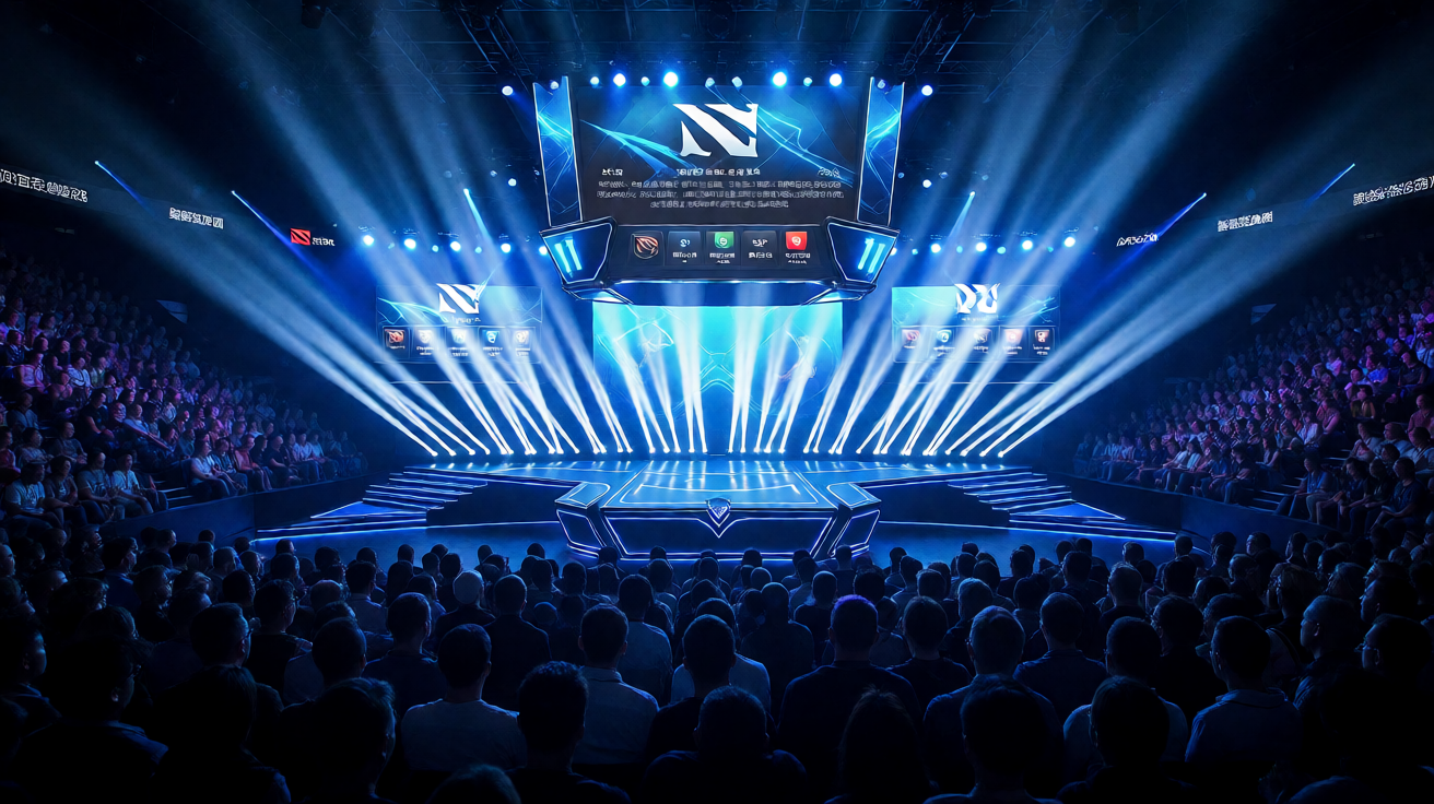 电竞比赛现场，DOTA2 TI总决赛舞台灯光璀璨，观众席座无虚席