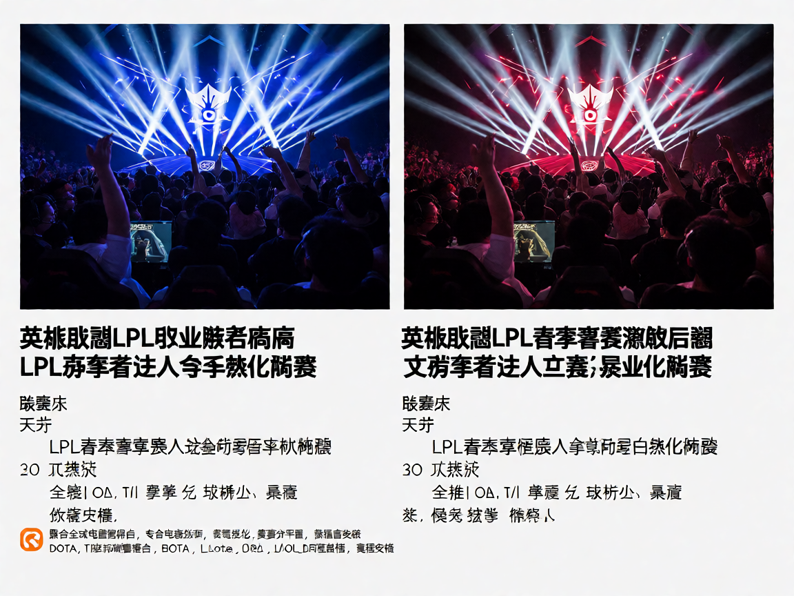 英雄联盟LPL职业联赛比赛现场，选手专注操作，观众热情欢呼，舞台灯光效果震撼