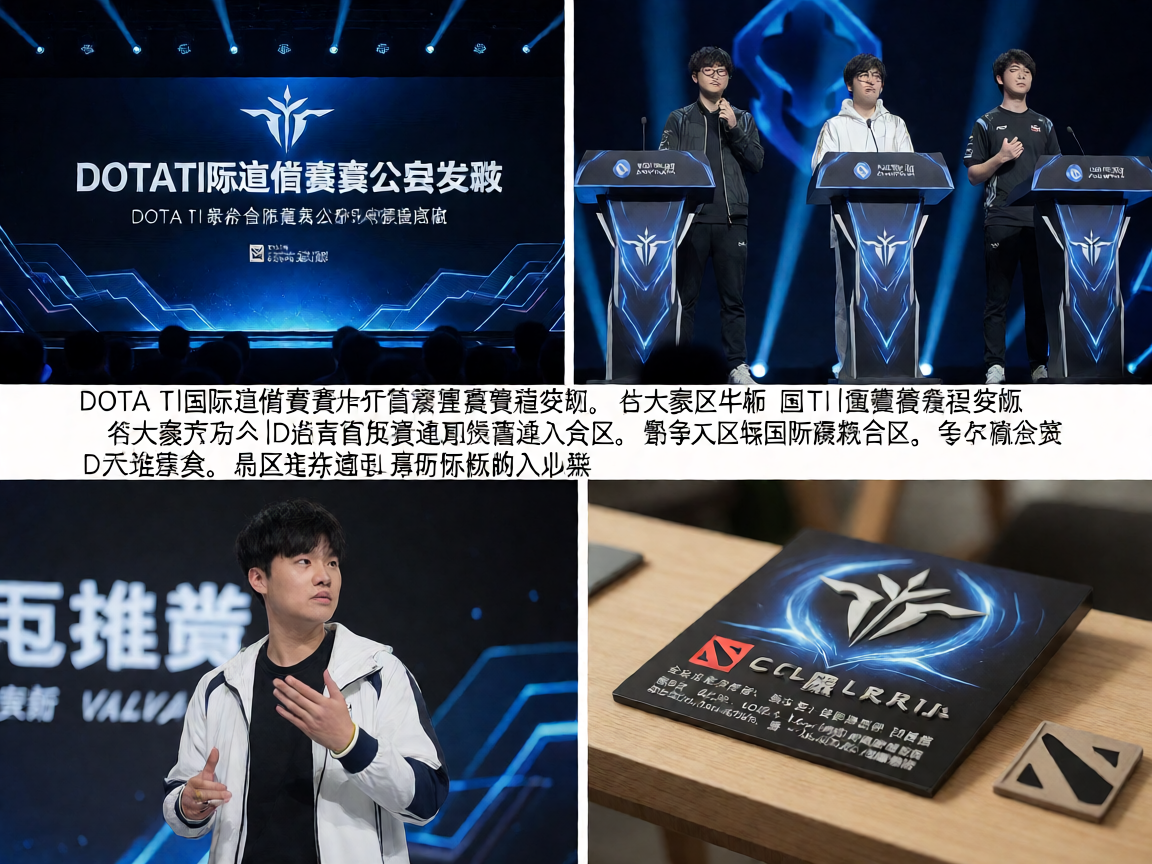 DOTA2 TI国际邀请赛赛事公告发布现场，舞台大屏展示赛事信息，电竞选手登台亮相