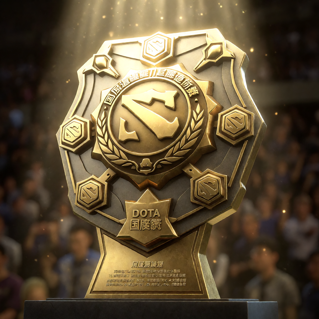 DOTA2国际邀请赛TI冠军盾牌奖杯特写，金色奖杯在聚光灯下闪耀，象征电竞最高荣誉